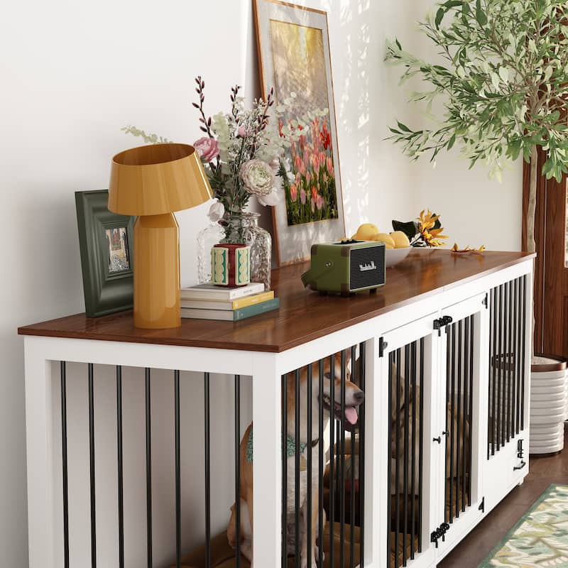 Dog Crate Furniture with Feeding Drawer and Divider, 86.6" Extra Large ...